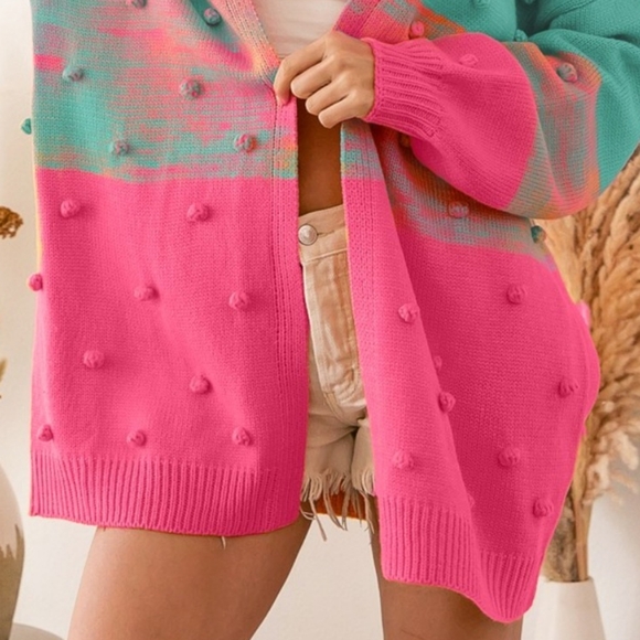 BiBi Puff 3D Pom-pom Oversized Knit Colorblock Ombre Open Sweater Long Cardigan - Picture 7 of 8